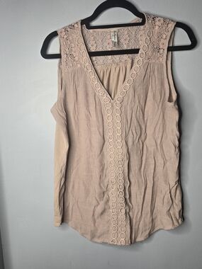 Per Seption Concept Women’s XL Taupe Lace Crochet V-Neck Sleeveless Boho Top